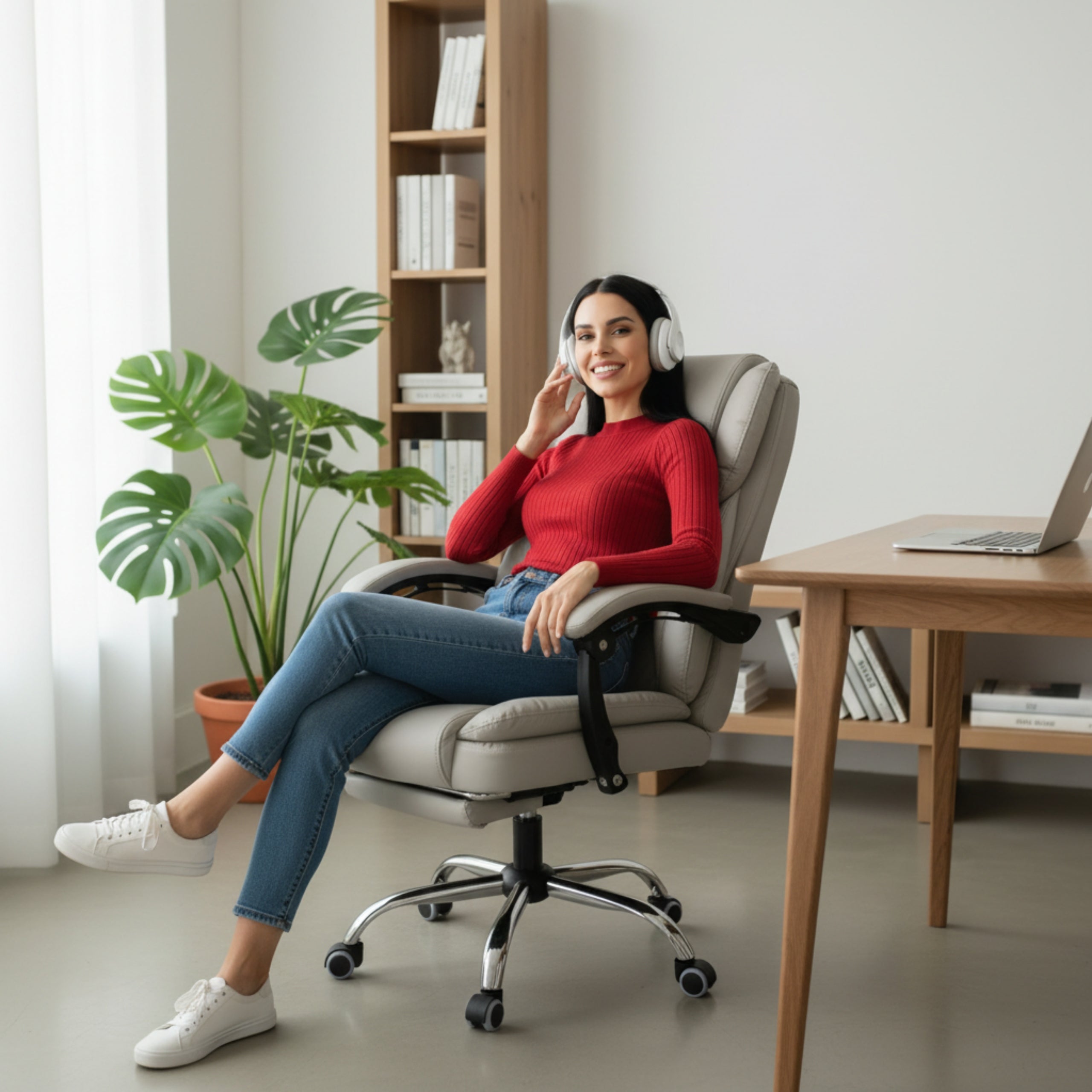 OFFICE SWIVEL CHAIR Cream with Adjustable Backrest and Footrest Manufacturer code Fotel komputerowy ergonomiczny regulowany 057