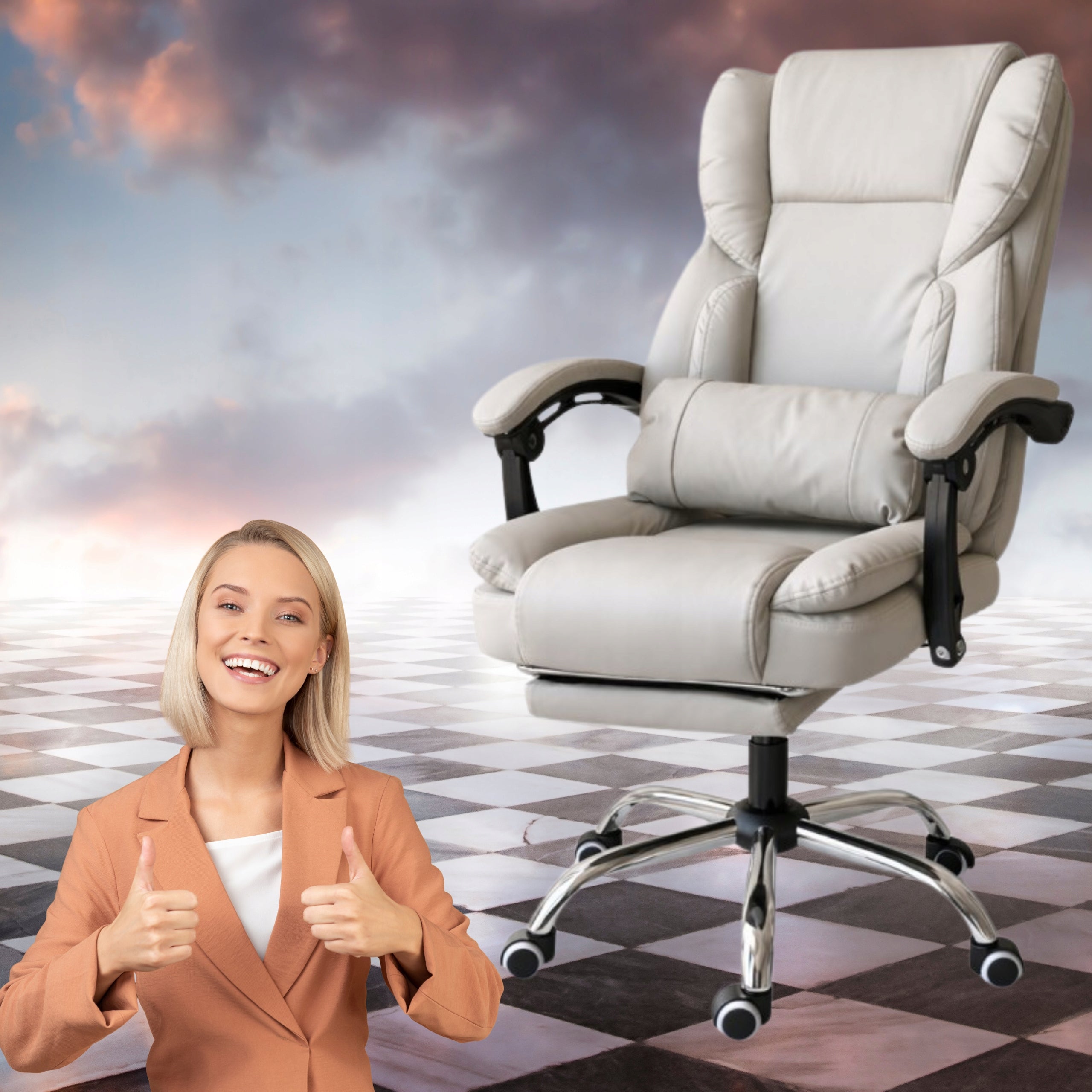 OFFICE SWIVEL CHAIR Cream with Adjustable Backrest and Footrest Packaging status original
