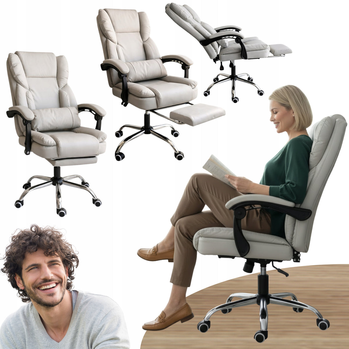OFFICE SWIVEL CHAIR Cream with Adjustable Backrest and Footrest