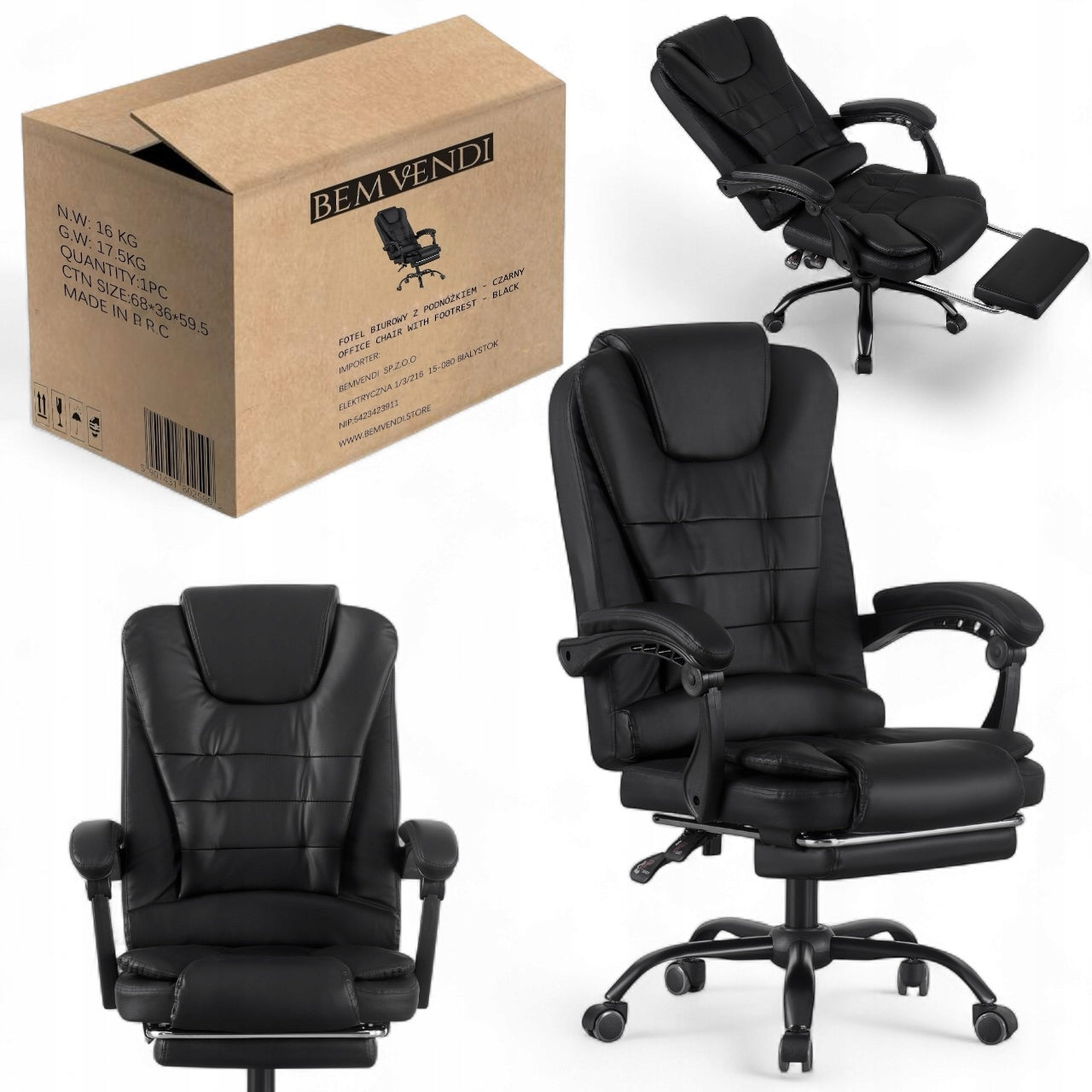 OFFICE SWIVEL CHAIR ELEGANT COMFORTABLE BEMVENDI WITH FOOTREST – BLACK Kind rotary