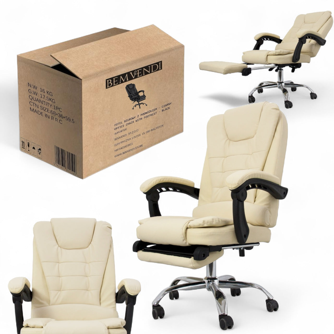 OFFICE SWIVEL CHAIR ELEGANT COMFORTABLE BEMVENDI WITH FOOTREST – CREAM Packaging status original