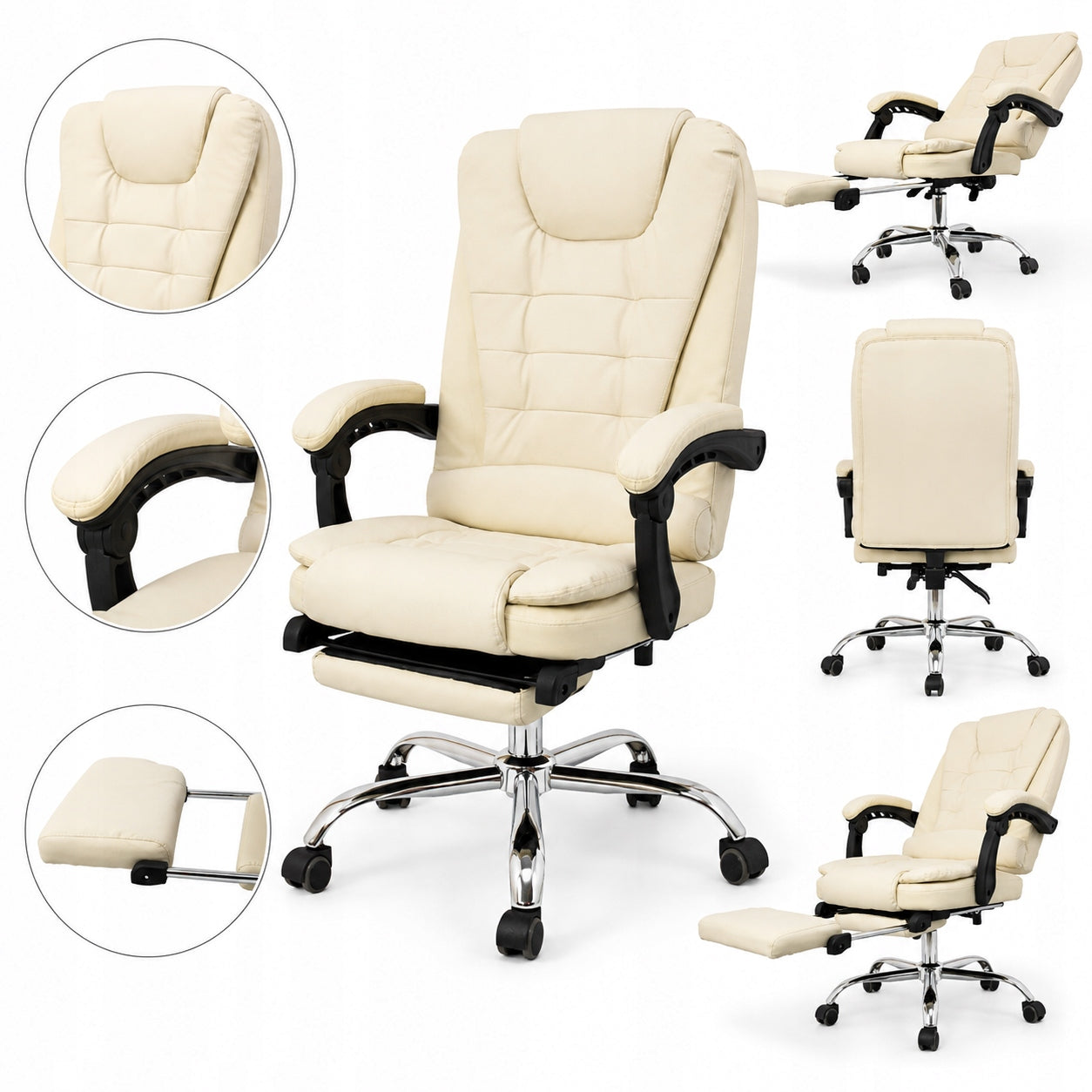 OFFICE SWIVEL CHAIR ELEGANT COMFORTABLE BEMVENDI WITH FOOTREST – CREAM