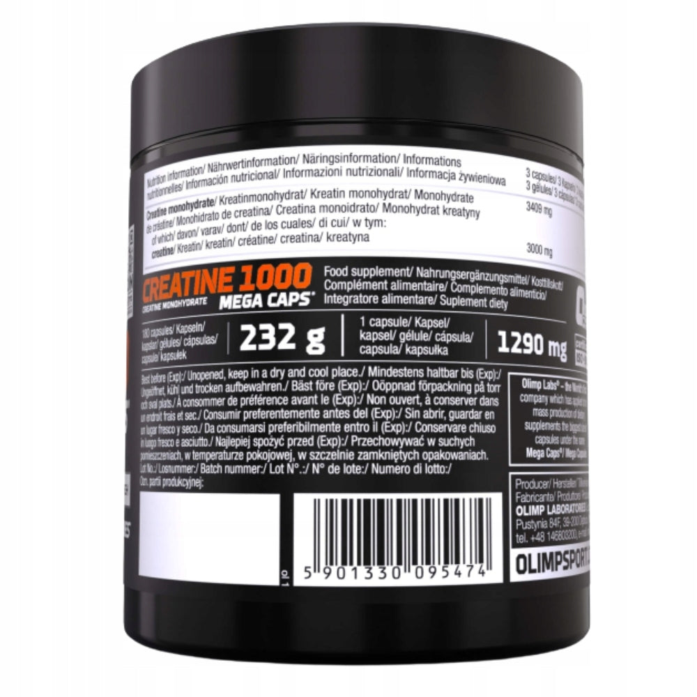 OLIMP CREATINE 1000 180 KAPS – CREATINE MONOHYDRATE FOR STRENGTH AND ENDURANCE Packaging status original