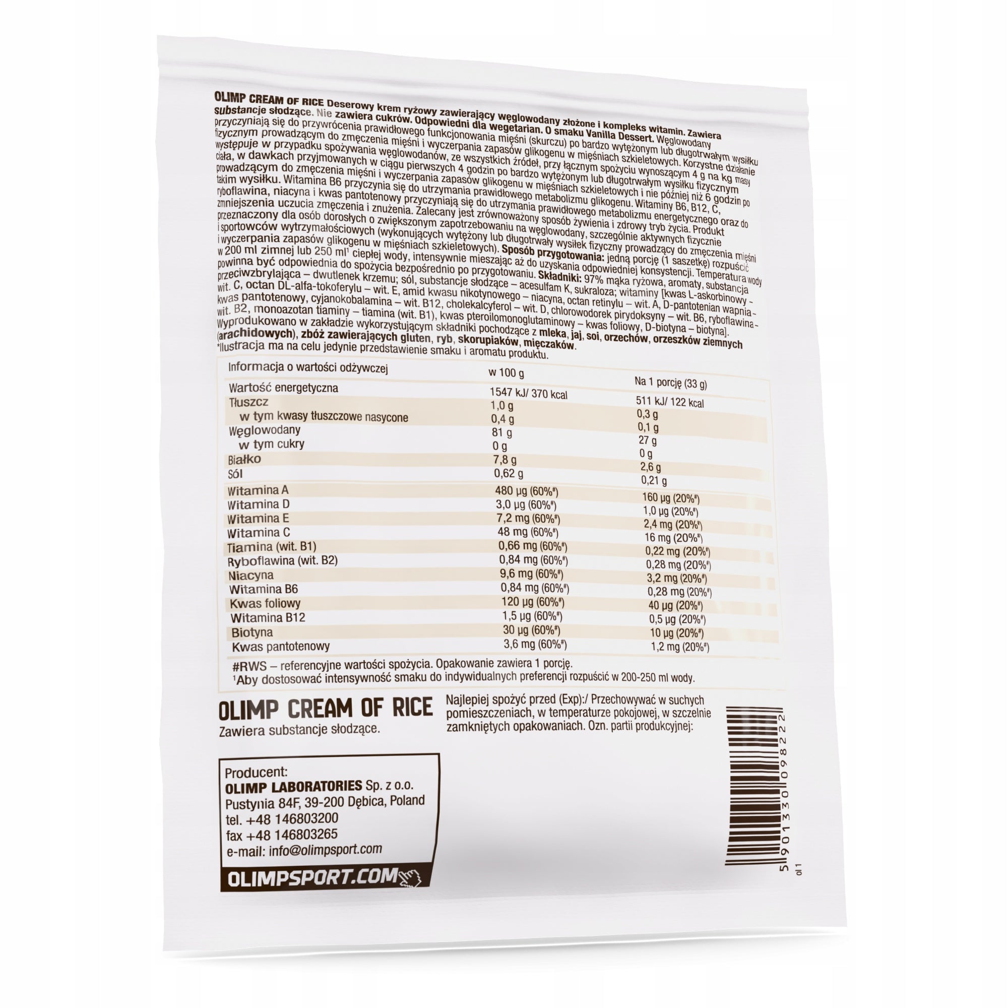 OLIMP Cream Of Rice 33g RICE GRUEL Ready Meal 27g carbo VANILLA Expiration date at least 3 months from the date of purchase