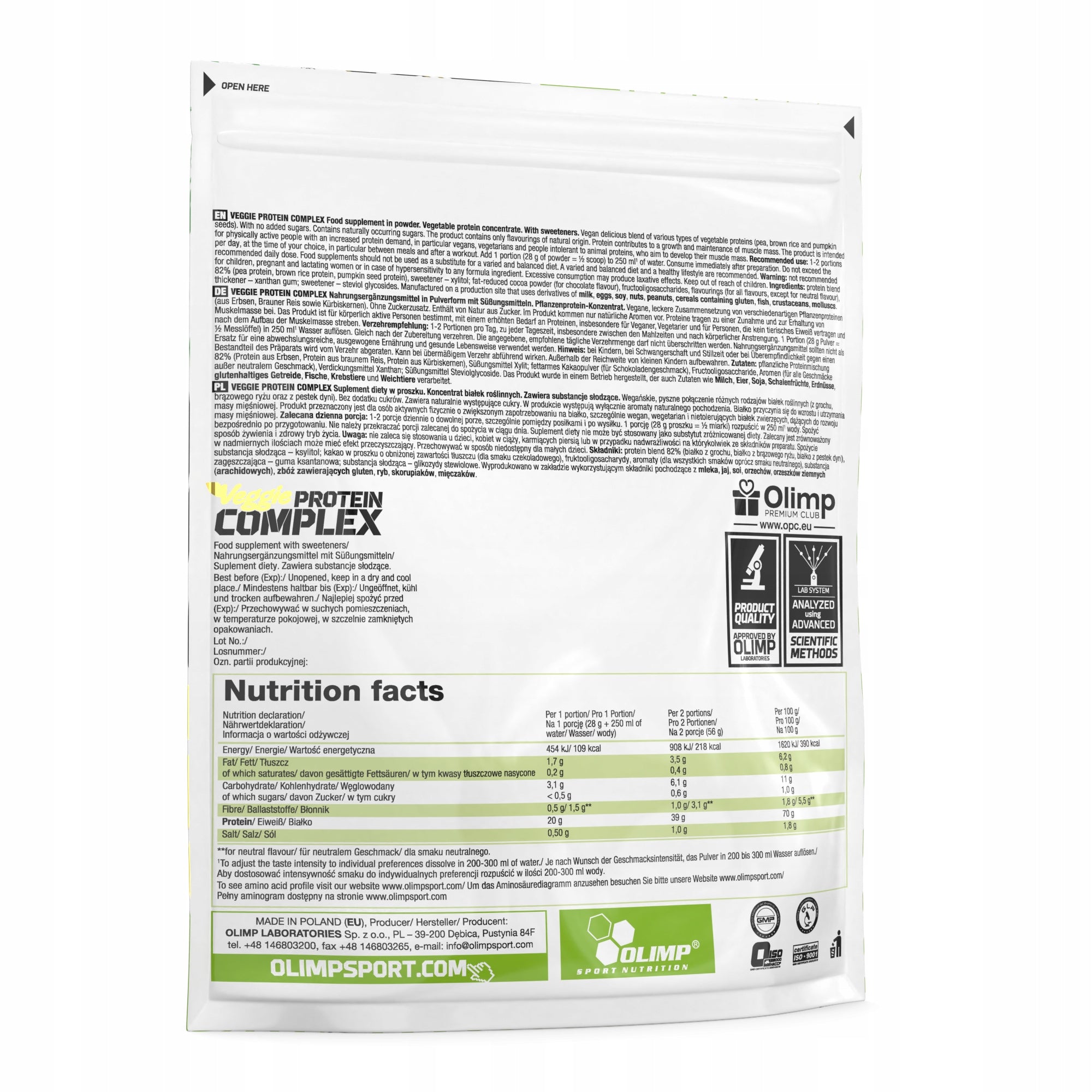 OLIMP Veggie PROTEIN COMPLEX 500g NATURAL VEGAN PROTEIN FROM PEAS Packaging status original