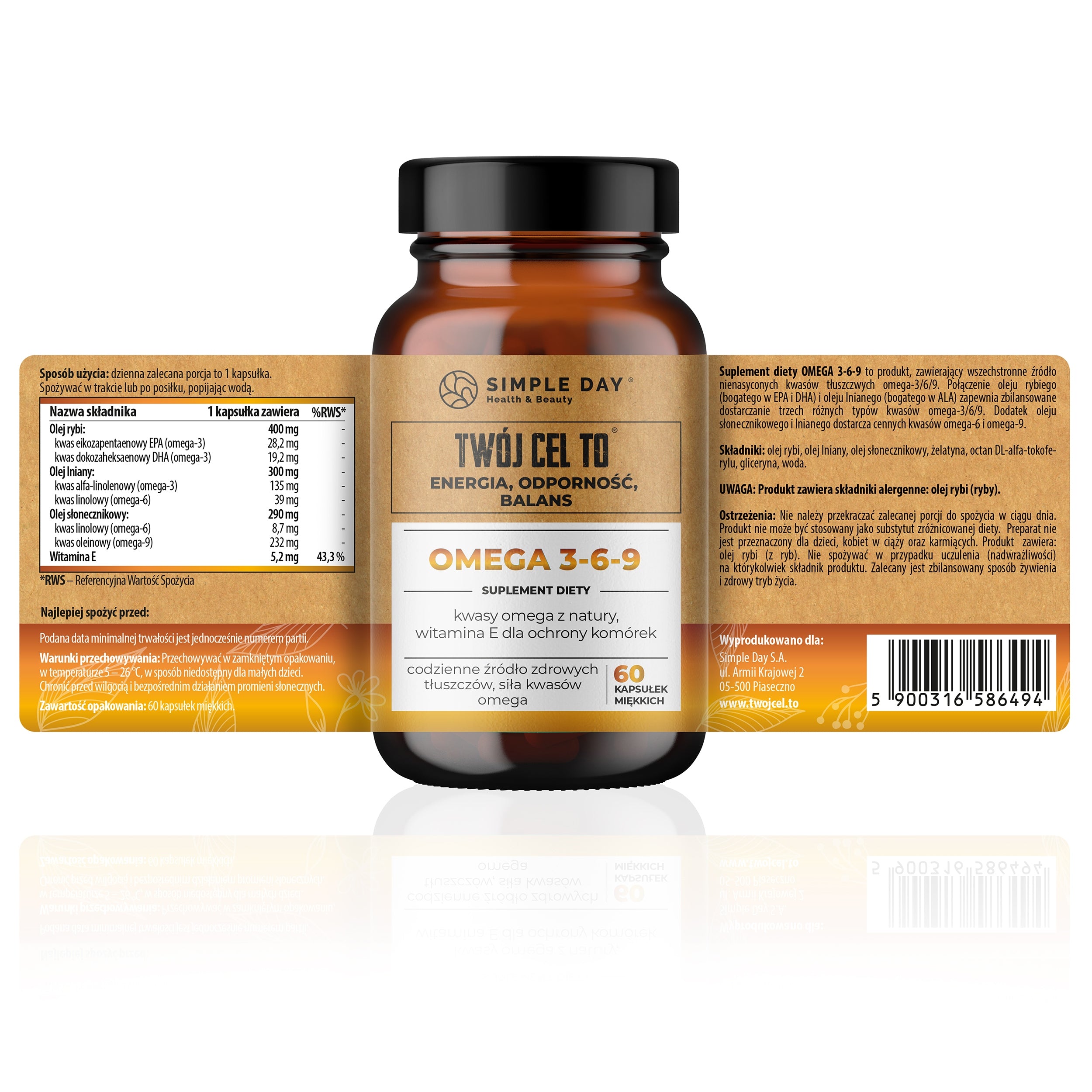 OMEGA 3-6-9 ACIDS DHA EPA Fish Oil + Flaxseed Oil + Vitamin E 60 kaps 369 Brand Twój Cel To