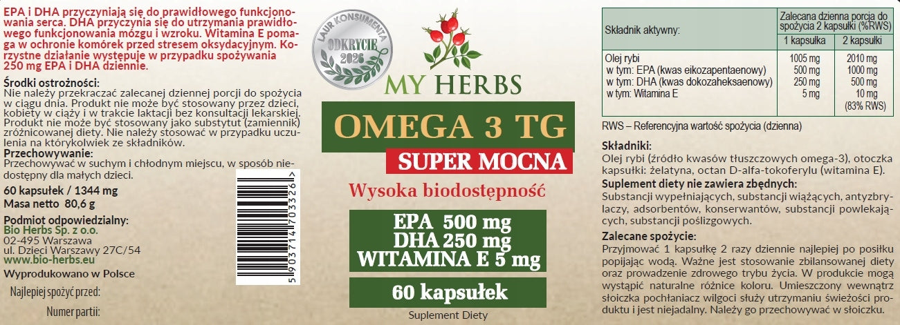 OMEGA 3 TG SUPER STRONG EPA 1000 DHA 500 PER SERVING 60 KAPS HIGH BIOAVAILABLE Brand Bio Herbs