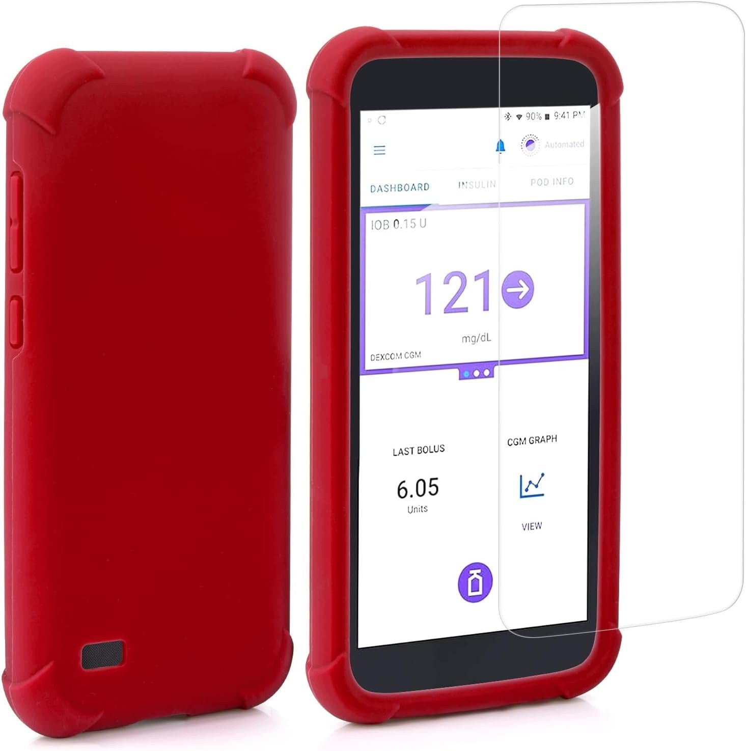 OMNIPOD5 SCREEN PROTECTOR WITH RED SILICONE CASE PROTECTION