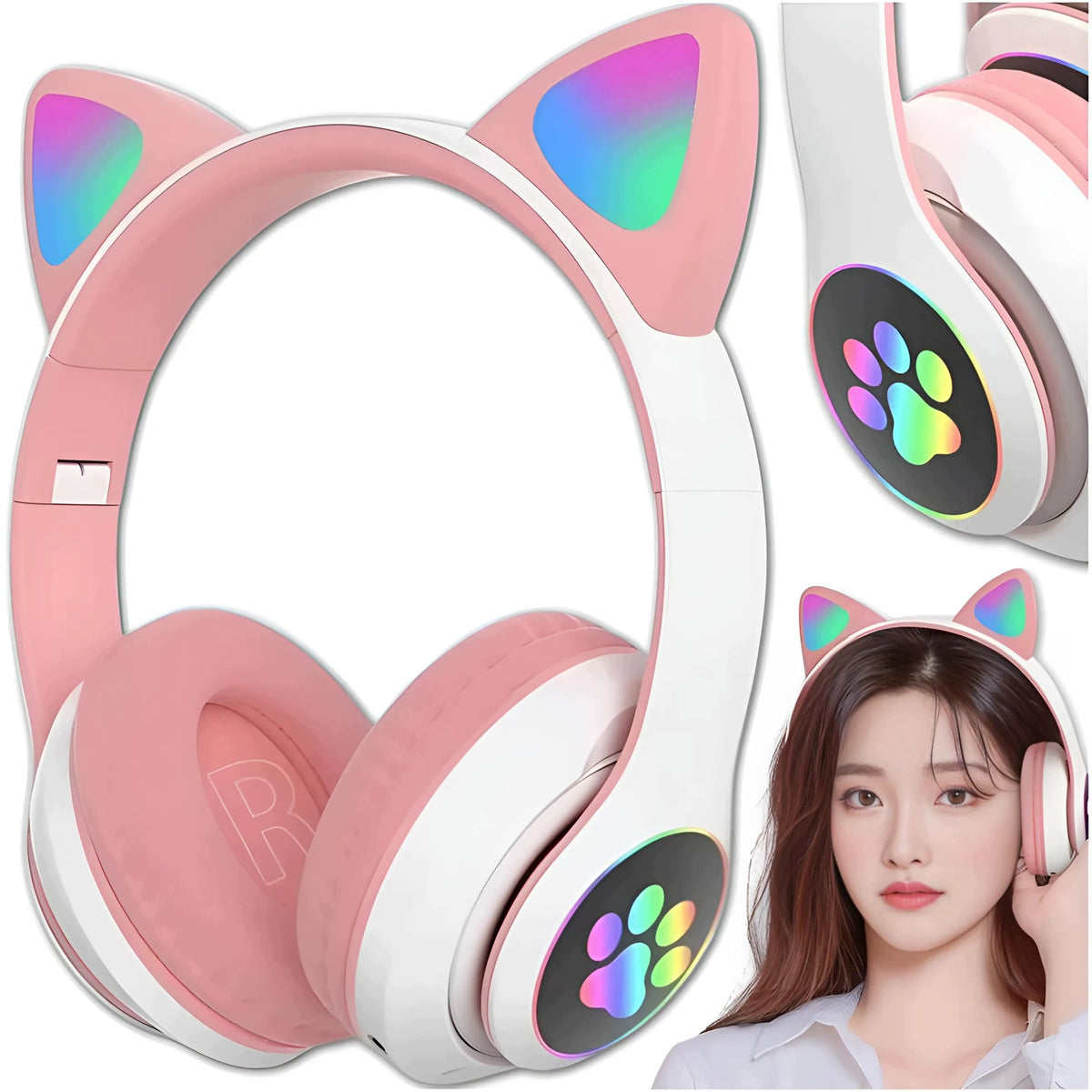 ON-EAR HEADPHONES FOR CHILDREN BLUETOOTH LED RGB CAT EARS PINK FOR GIFT Packaging status original