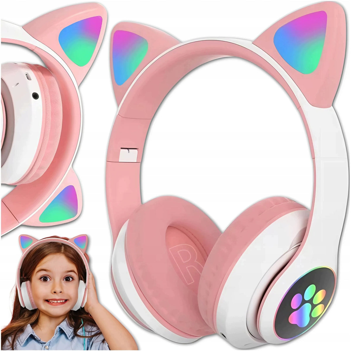 ON-EAR HEADPHONES FOR CHILDREN BLUETOOTH LED RGB CAT EARS PINK FOR GIFT