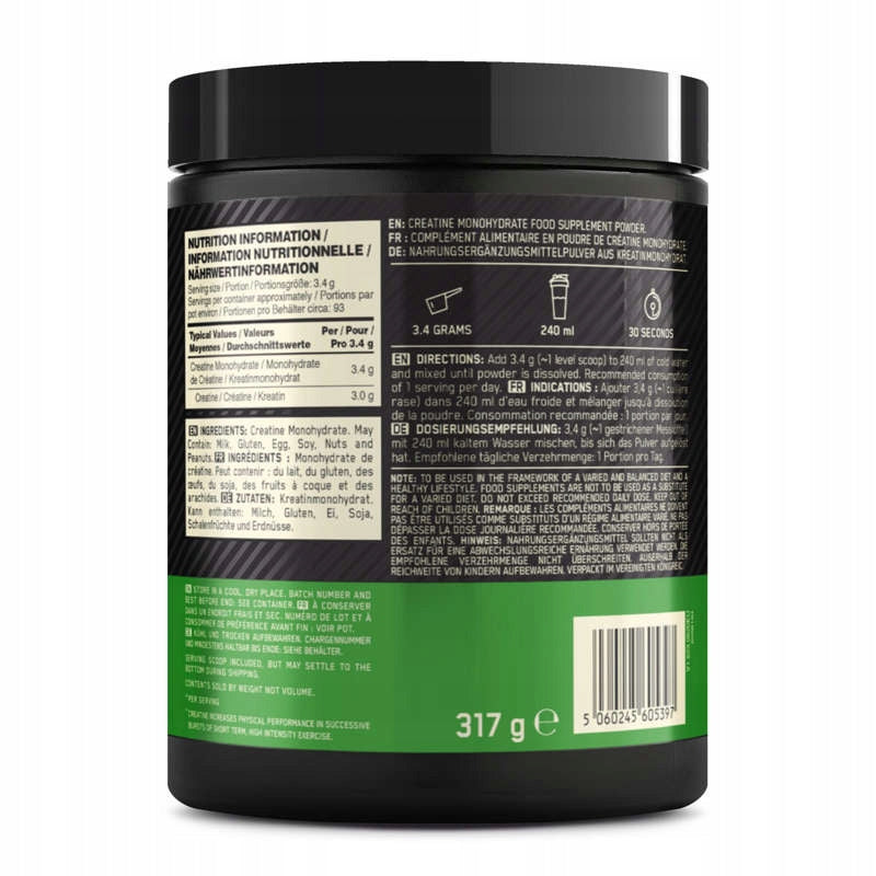 ON OPTIMUM CREATINE 317g Creatine Monohydrate STRENGTH PURE MASS DOES NOT FLOOD EAN (GTIN) 5060245605397