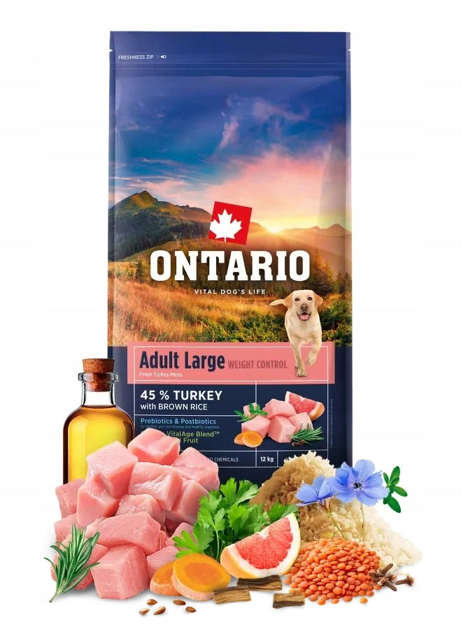 ONTARIO 12kg Large Breed Weight Control Turkey Dry Dog Food
