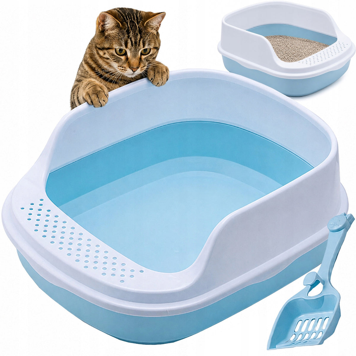 OPEN CAT LITTER BOX WITH FRAME - DURABLE LITTER TOILET + LARGE SCOOP