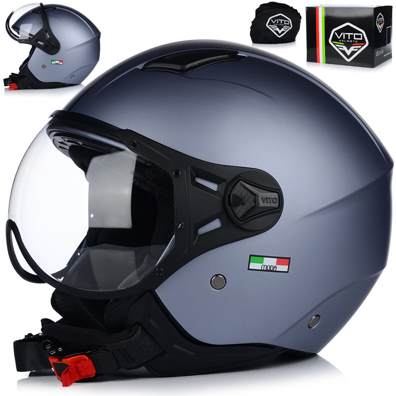 OPEN FACE MOTORCYCLE HELMET | VITO MODA | MATTE GREY SCOOTER CHOPPER ECE 22.06