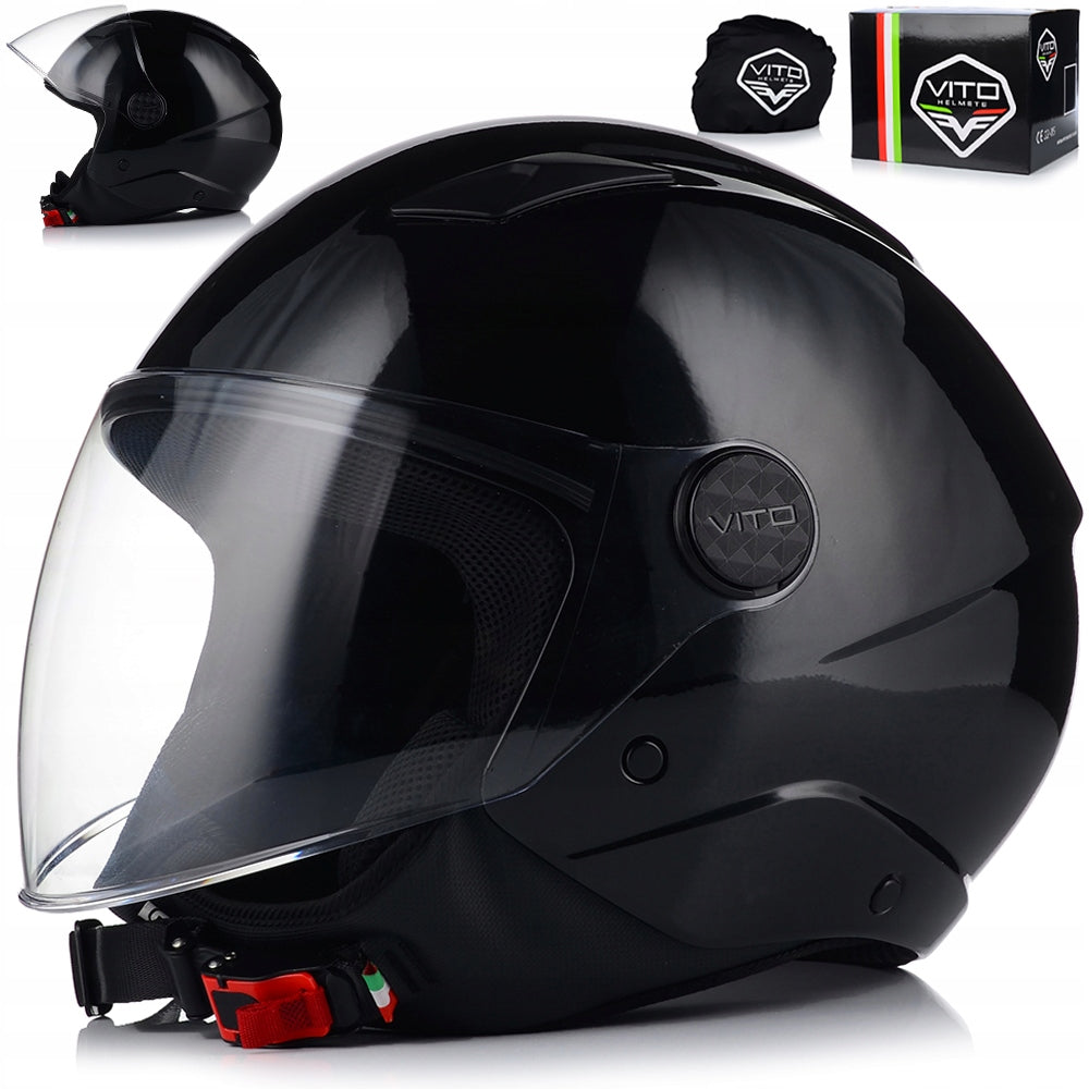 OPEN FACE MOTORCYCLE HELMET | VITO UNO | BLACK GLOSS CHOPPER SCOOTER ECE22.06