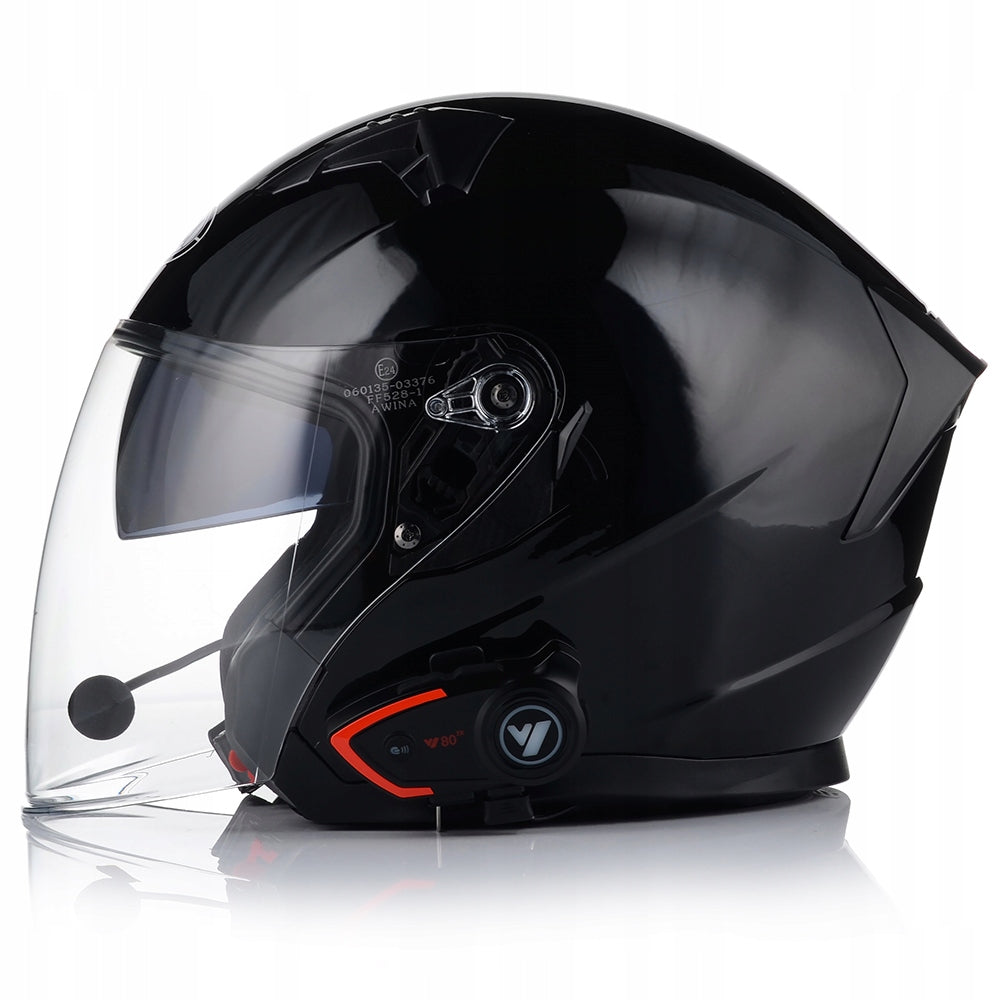 OPEN MOTORCYCLE HELMET BLACK GLOSS SCOOTER CHOPPER + BLEND + INTERCOM Packaging status original