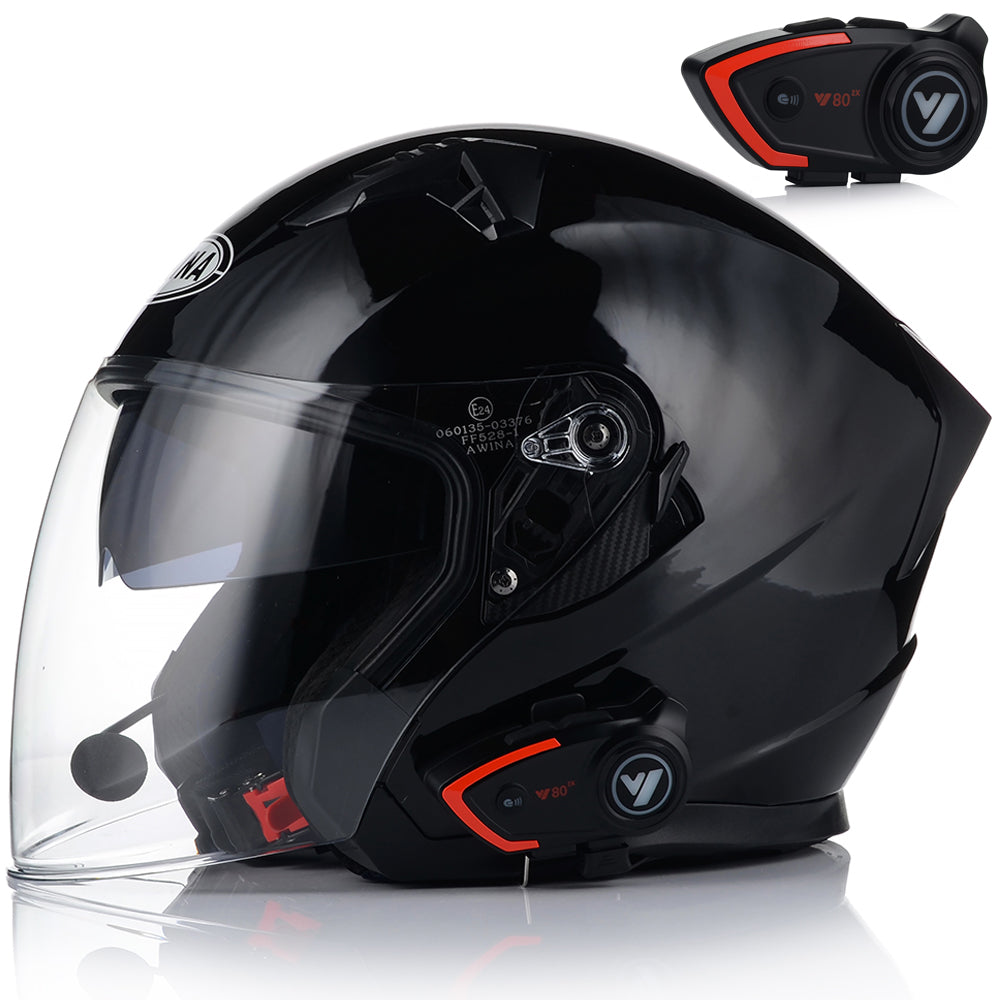 OPEN MOTORCYCLE HELMET BLACK GLOSS SCOOTER CHOPPER + BLEND + INTERCOM