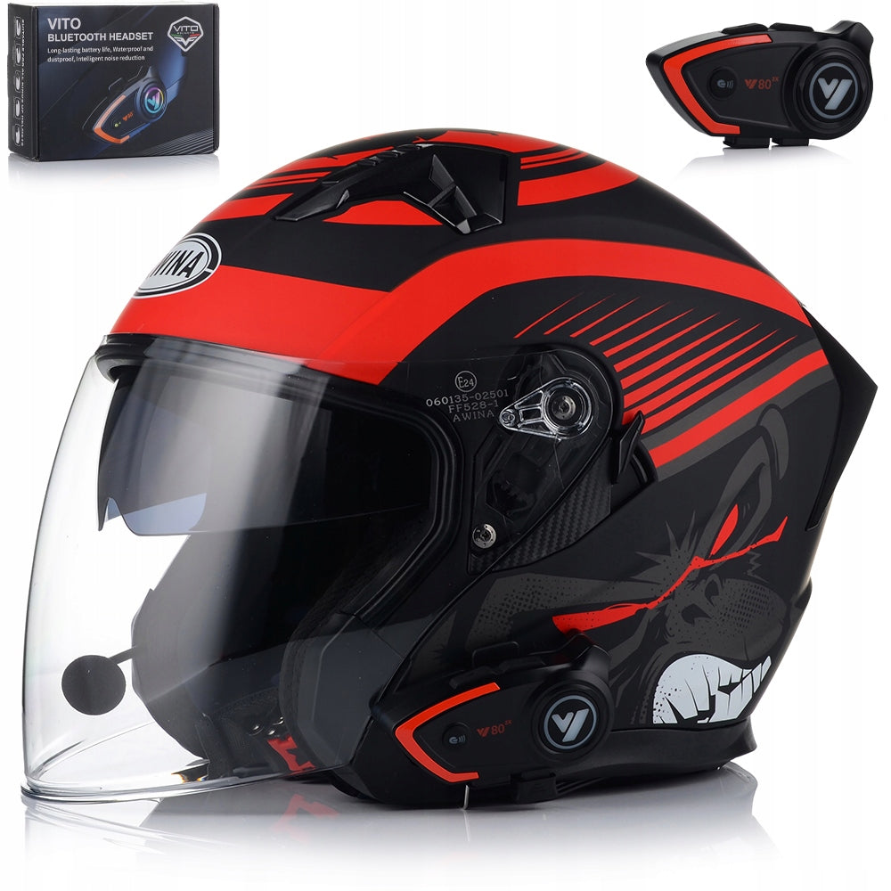 OPEN MOTORCYCLE HELMET RED MATT SCOOTER CHOPPER + BLEND + INTERCOM