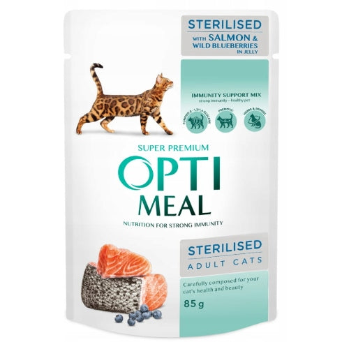 OPTIMEAL "Sterilised" wet cat food - salmon and blueberries 85 g