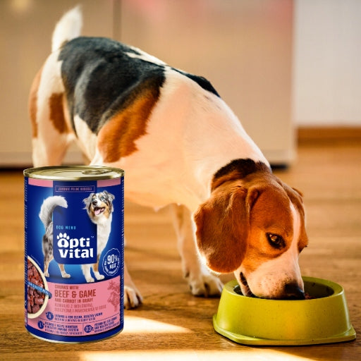 OPTIVITAL Wet Dog Food Beef Game and Carrots in Sauce 1,25kg Packaging status original