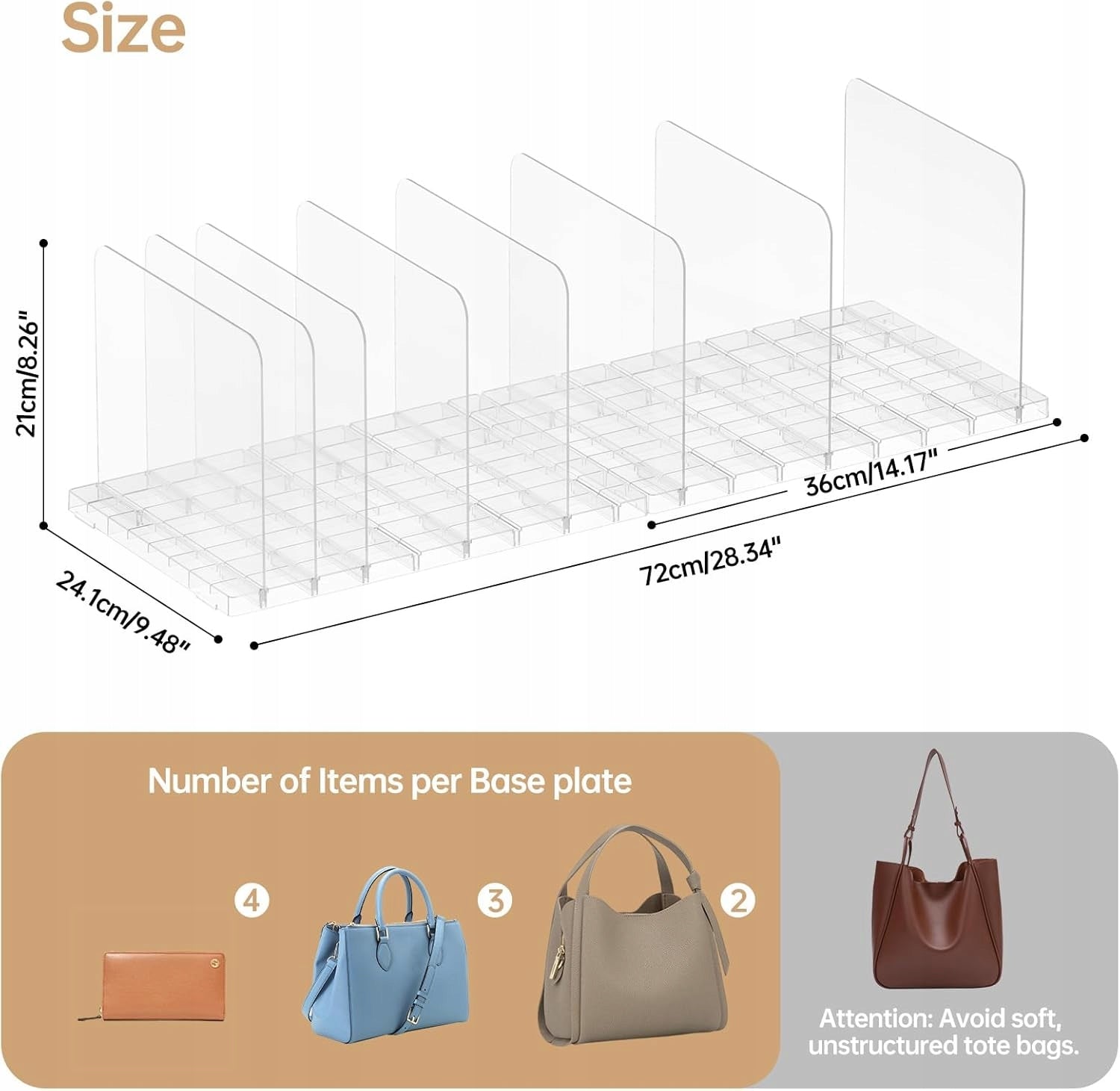 ORGANIZER 72X24X21CM RACK SHELF FOR HANDBAGS CLOSET BAGS TRANSPARENT Brand no brand