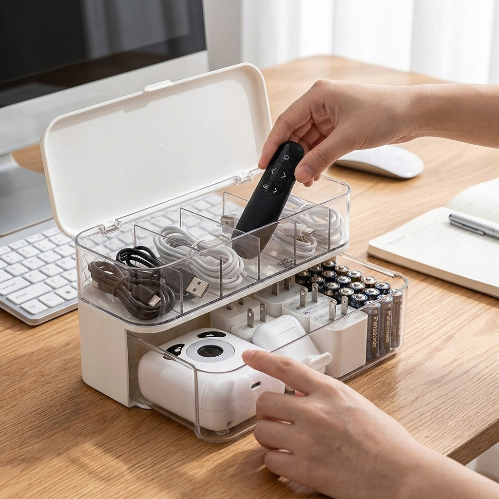 ORGANIZER BOX CHARGER CONTAINER BATTERIES HEADPHONES WIRES CABLES Color transparent