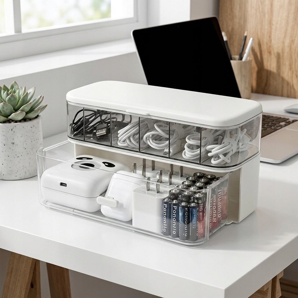 ORGANIZER BOX CHARGER CONTAINER BATTERIES HEADPHONES WIRES CABLES Model Organizer Na Kable Przewody Ładowarki Biurko