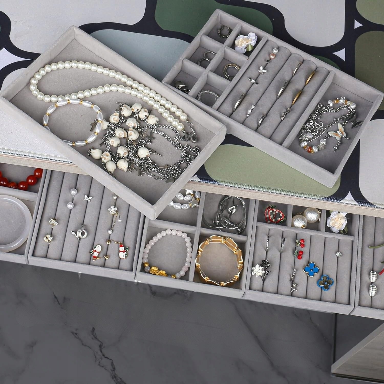 ORGANIZER CONTAINER SET OF 8 JEWELRY TRAYS VELVET DRAWER INSERTS Brand no brand