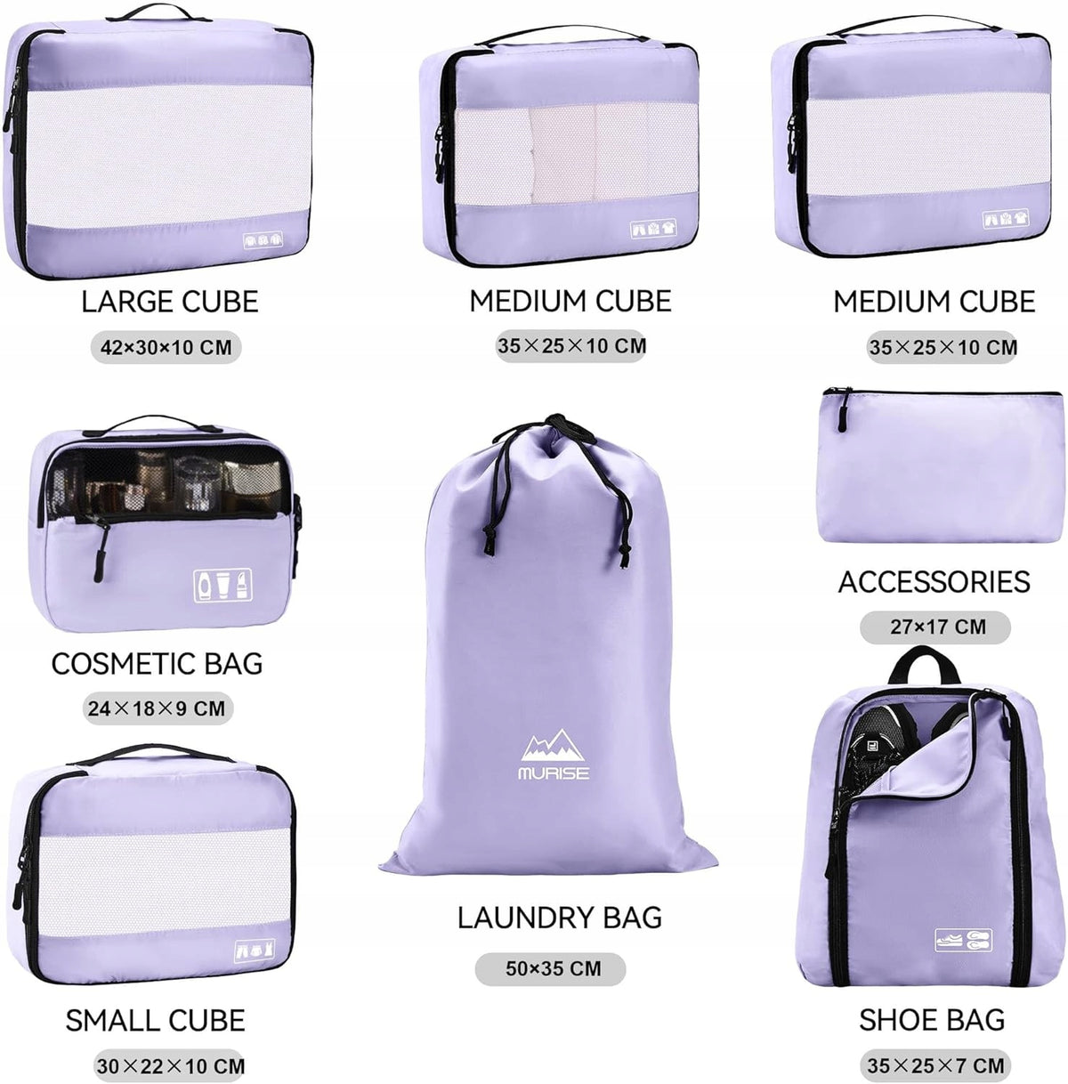 ORGANIZER FOR SUITCASE 8 PIECES – PACKING CUBES WITH LILAC COSMETIC BAG Packaging status original