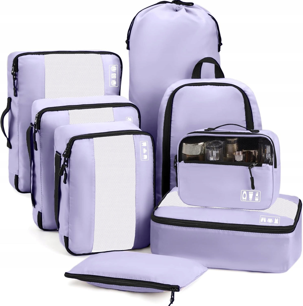 ORGANIZER FOR SUITCASE 8 PIECES – PACKING CUBES WITH LILAC COSMETIC BAG