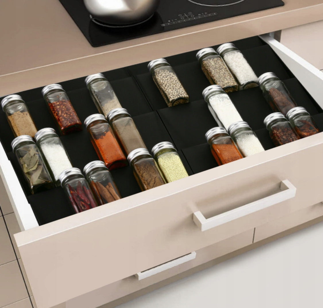 ORGANIZER SPICE DRAWER INSERT JARS BLACK ADJUSTABLE STAND Kind drawer organizer