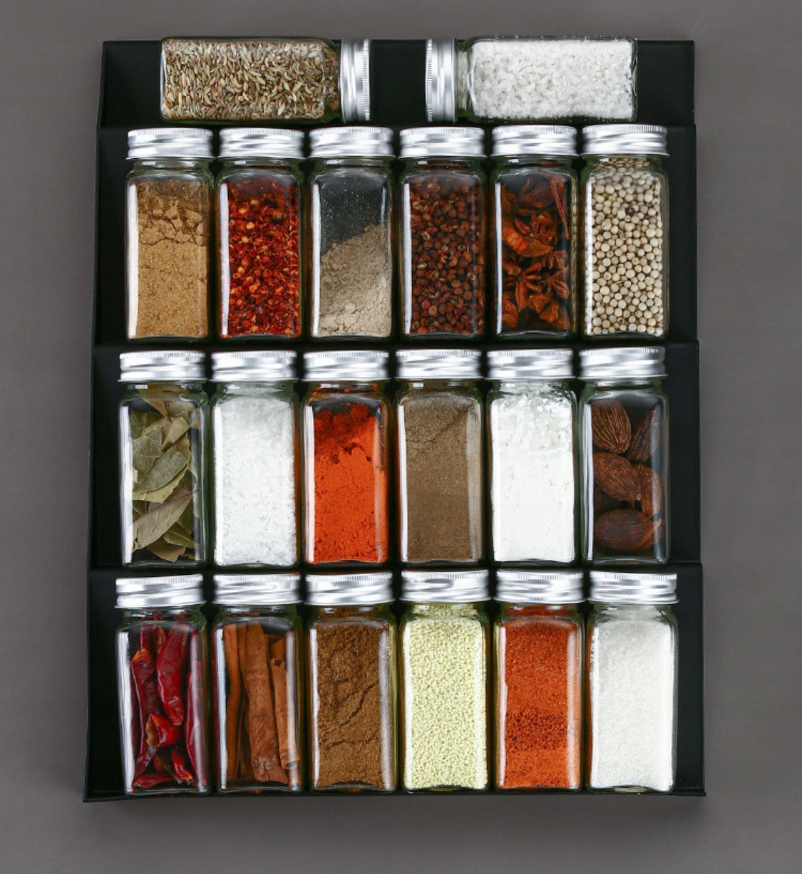 ORGANIZER SPICE DRAWER INSERT JARS BLACK ADJUSTABLE STAND Length 39 cm