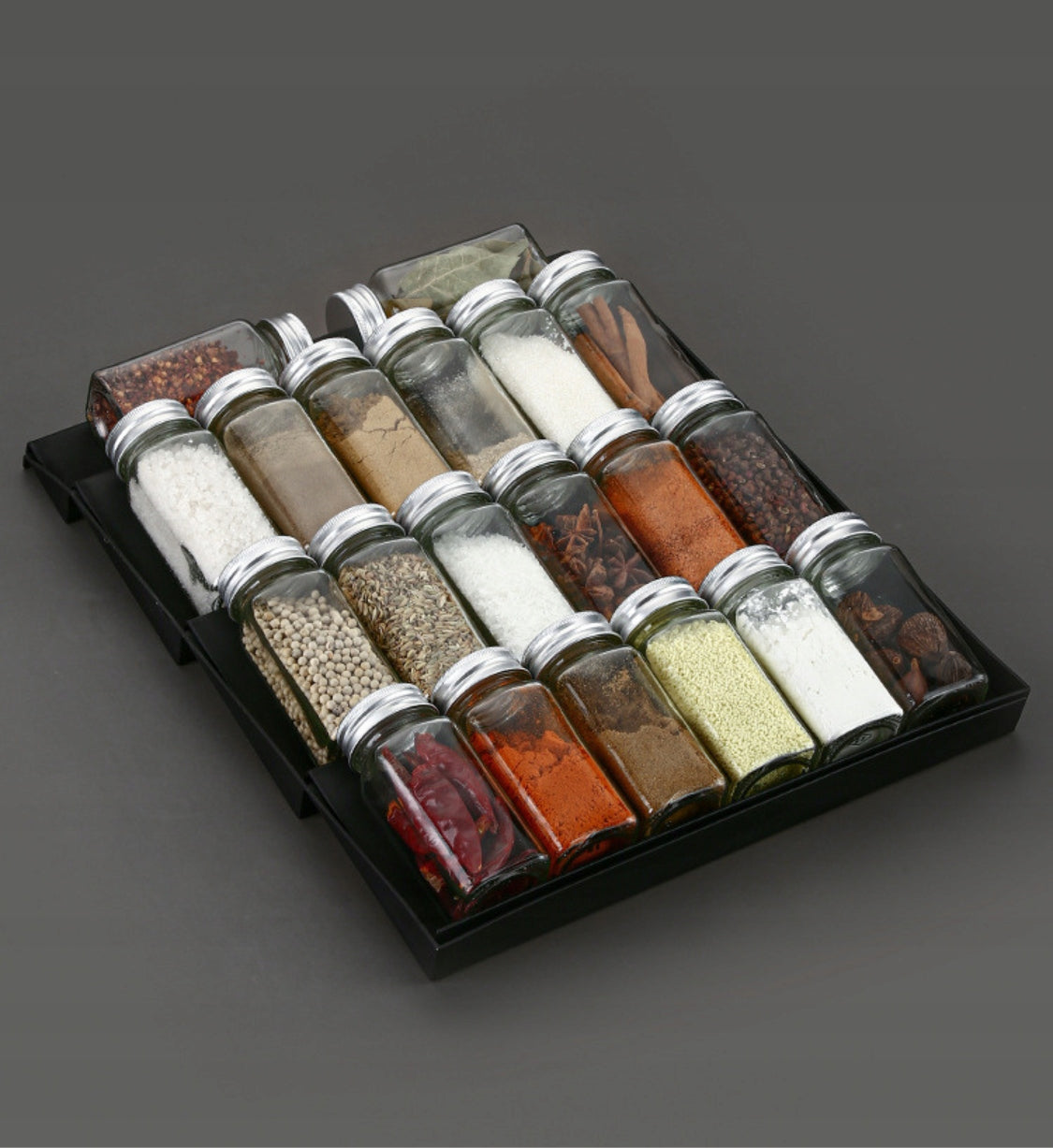 ORGANIZER SPICE DRAWER INSERT JARS BLACK ADJUSTABLE STAND Number of pieces 2 pcs