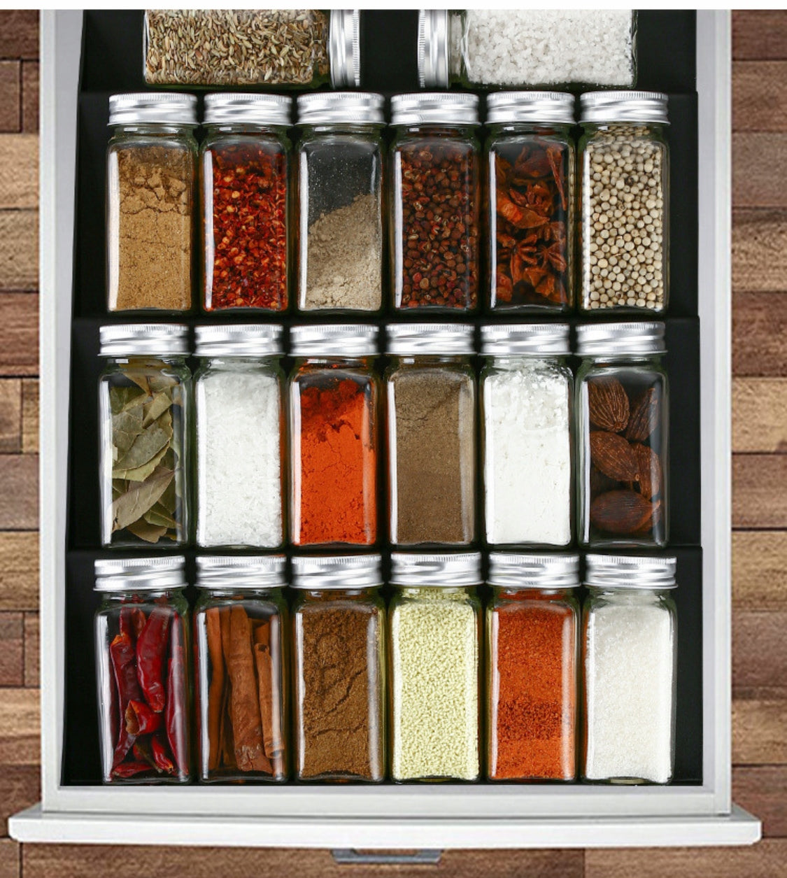 ORGANIZER SPICE DRAWER INSERT JARS BLACK ADJUSTABLE STAND Product width 30 cm