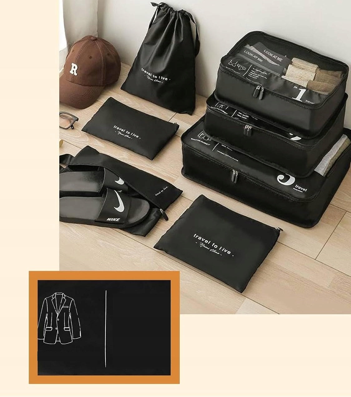 ORGANIZERS SUITCASE BAGS BLACK ROOMY 8 PIECES FOR CLOTHES Color black