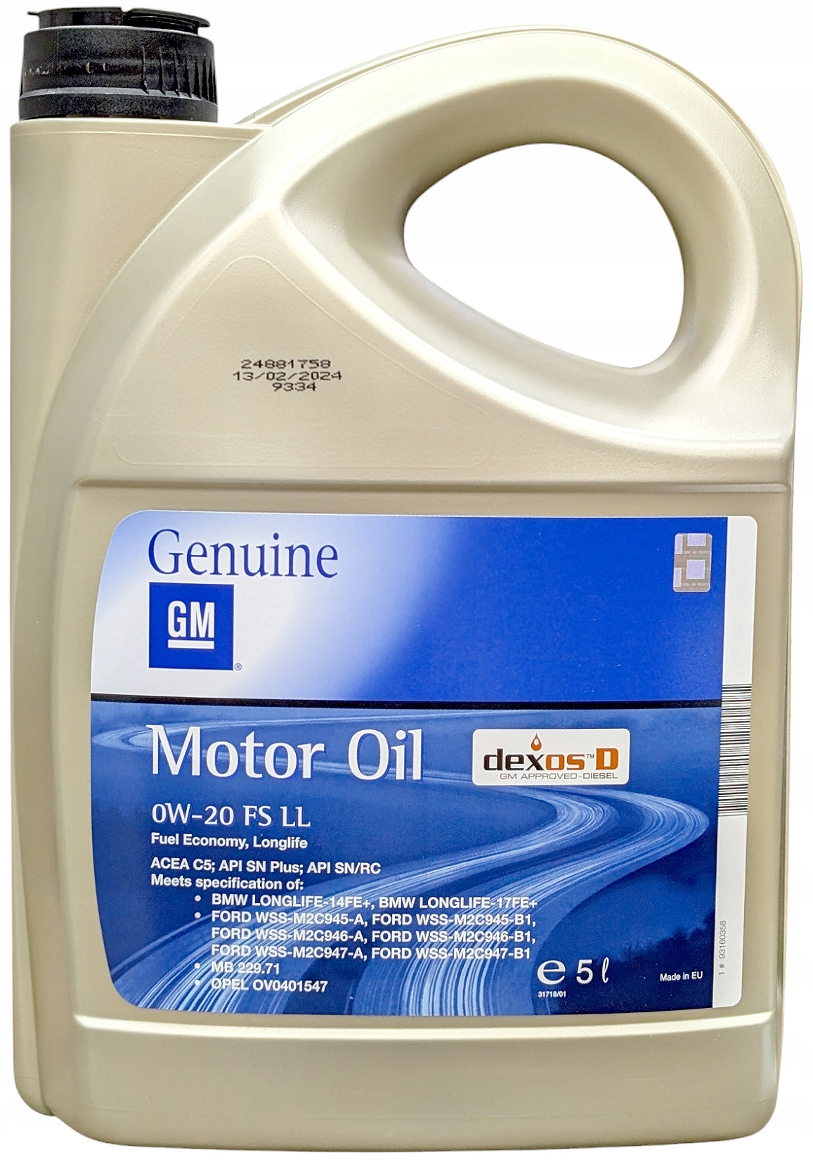ORIGINAL ENGINE OIL GM OPEL 0W20 FS LL DEXOS D DIESEL 5L + OE Manufacturer code 93160358