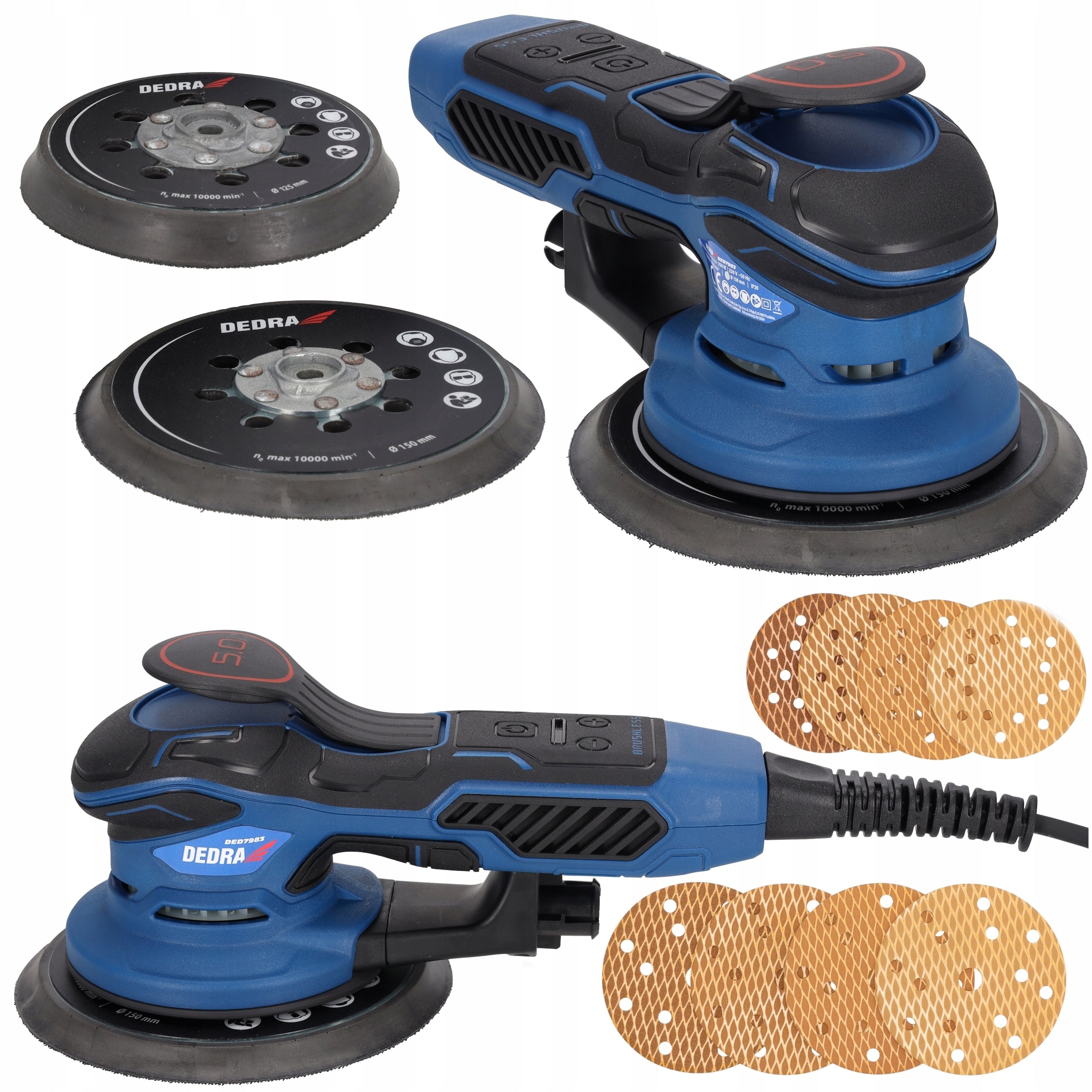 OSCILLATING ECCENTRIC GRINDER 2 pads 150mm 125mm Adjustable 350W DEDRA