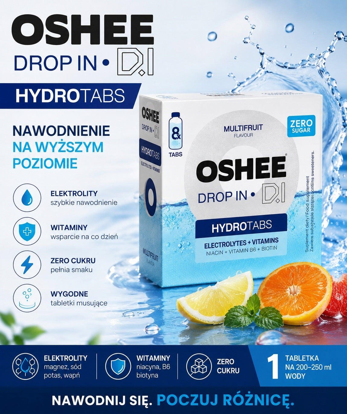 OSHEE Drop In Hydrotabs Electrolytes + Vitamins Multifruit 8 Tablets Brand OSHEE