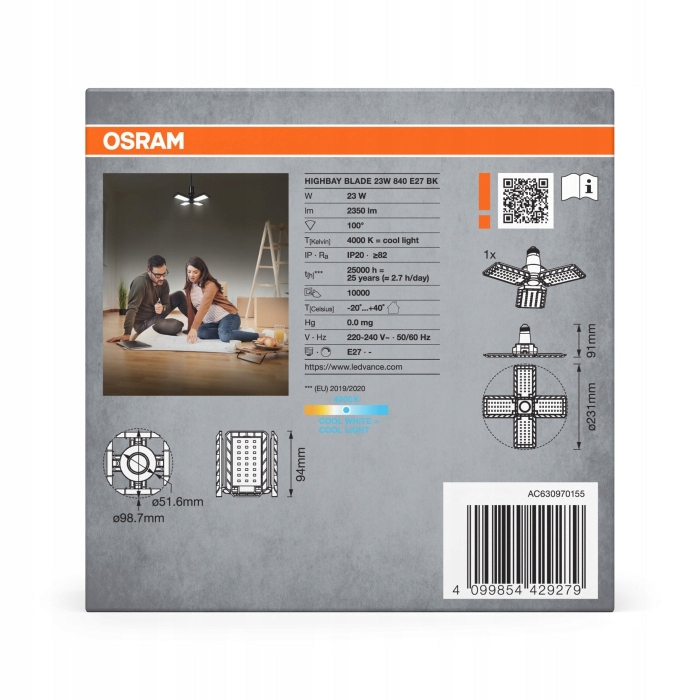 OSRAM Highbay Blade Ceiling Lamp in Black, Plastic Color temperature 4000 K