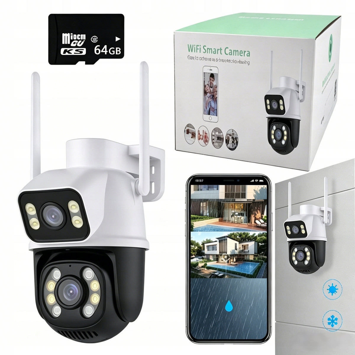OUTDOOR CAMERA ROTATING 2 LENSES ULTRA HD WIFI IP 8MP 64GB