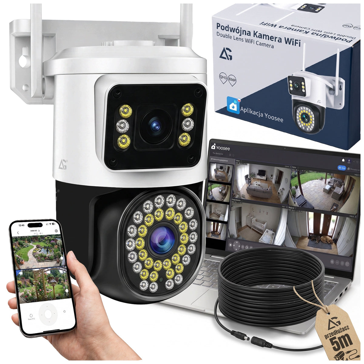 OUTDOOR CAMERA WIFI APP PC/ANDROID/IPHONE TWO LENSES + 5M CABLE