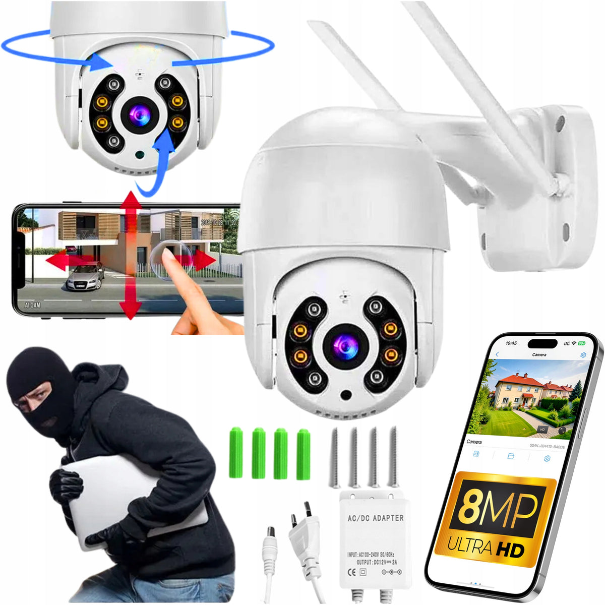 OUTDOOR CAMERA WIFI ROTATING IP APPLICATION MONITORING DETECTION 8MP Packaging status original