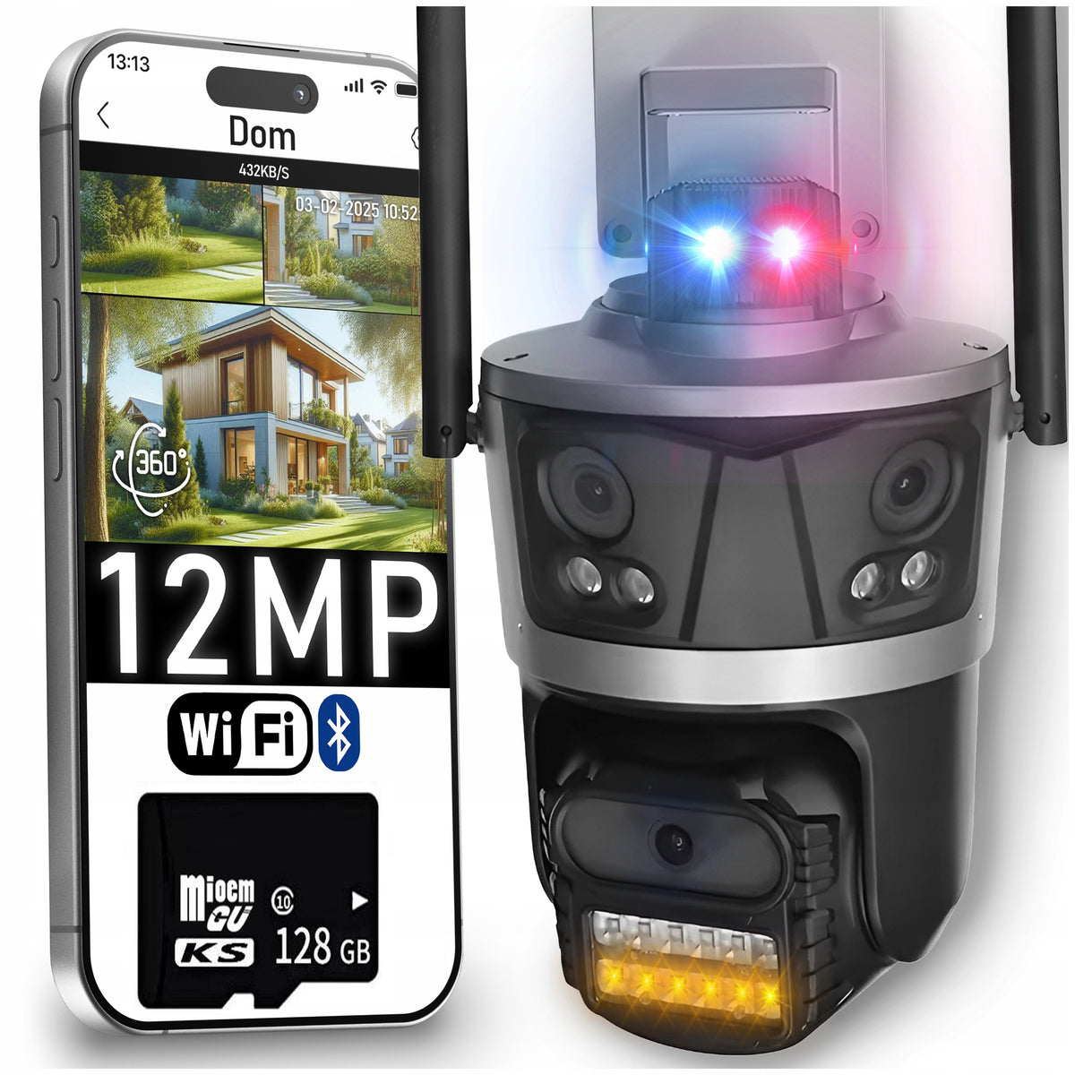 OUTDOOR IP CAMERA ROTATING 3 LENSES TRIPLE WiFi 12Mpx ZOOM ICSee