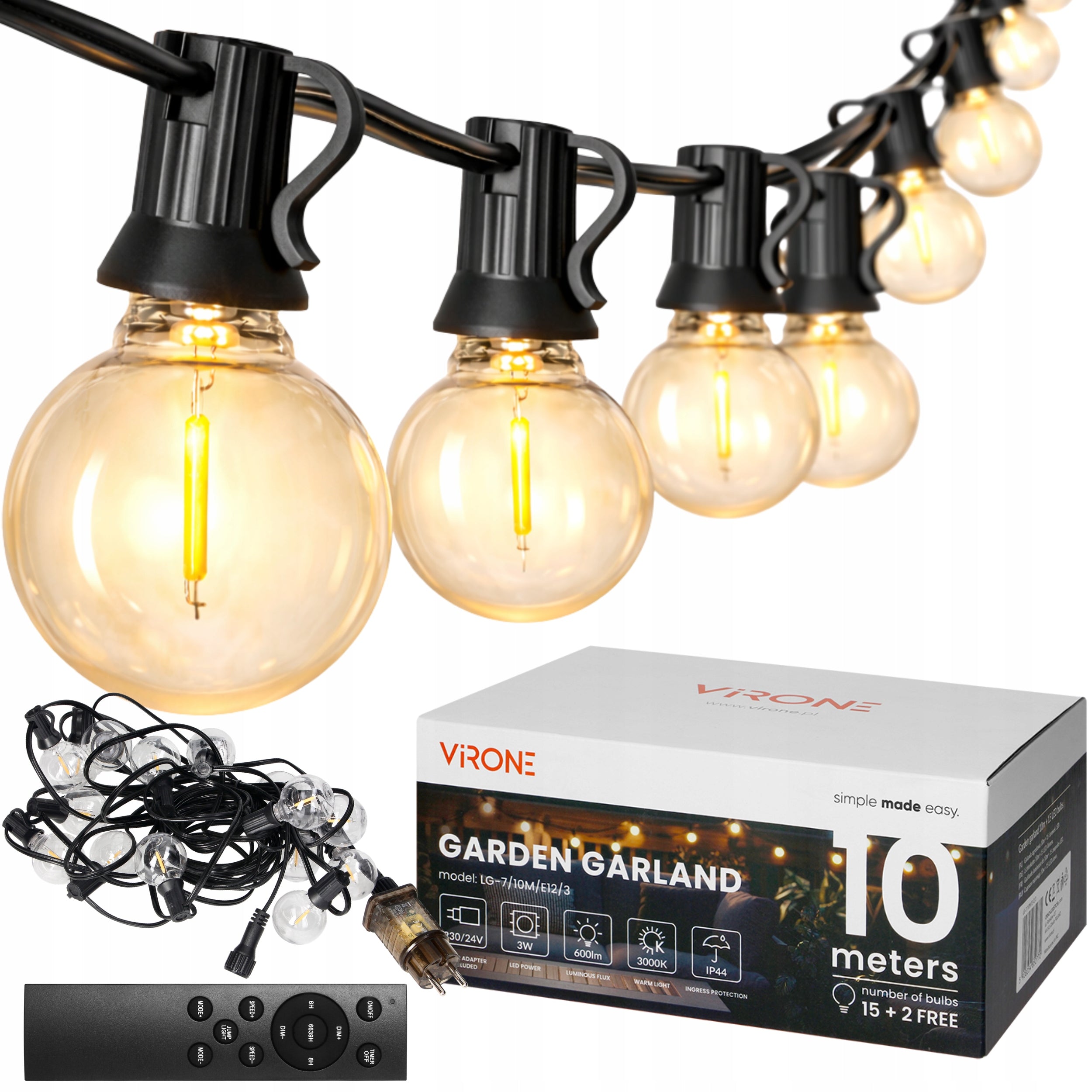 OUTDOOR LED GARDEN LIGHT GARLAND 10M 15+2 BULBS GARDEN LIGHTS