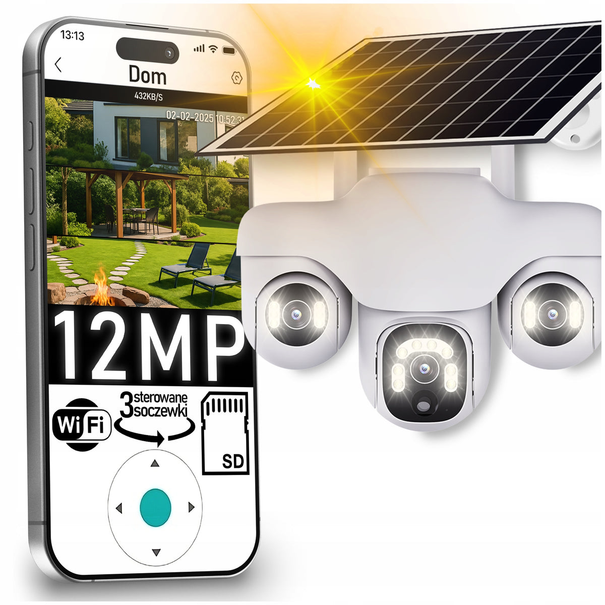 OUTDOOR SOLAR CAMERA 4K TYPE-C 3 ROTATING CONTROLLED 12MPx WiFi DETECTION