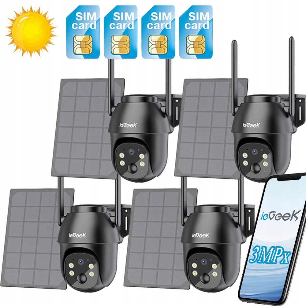 OUTDOOR SOLAR CAMERA GSM 3G 4G LTE SIM 2K 3MPX ROTATING IP65 4pcs