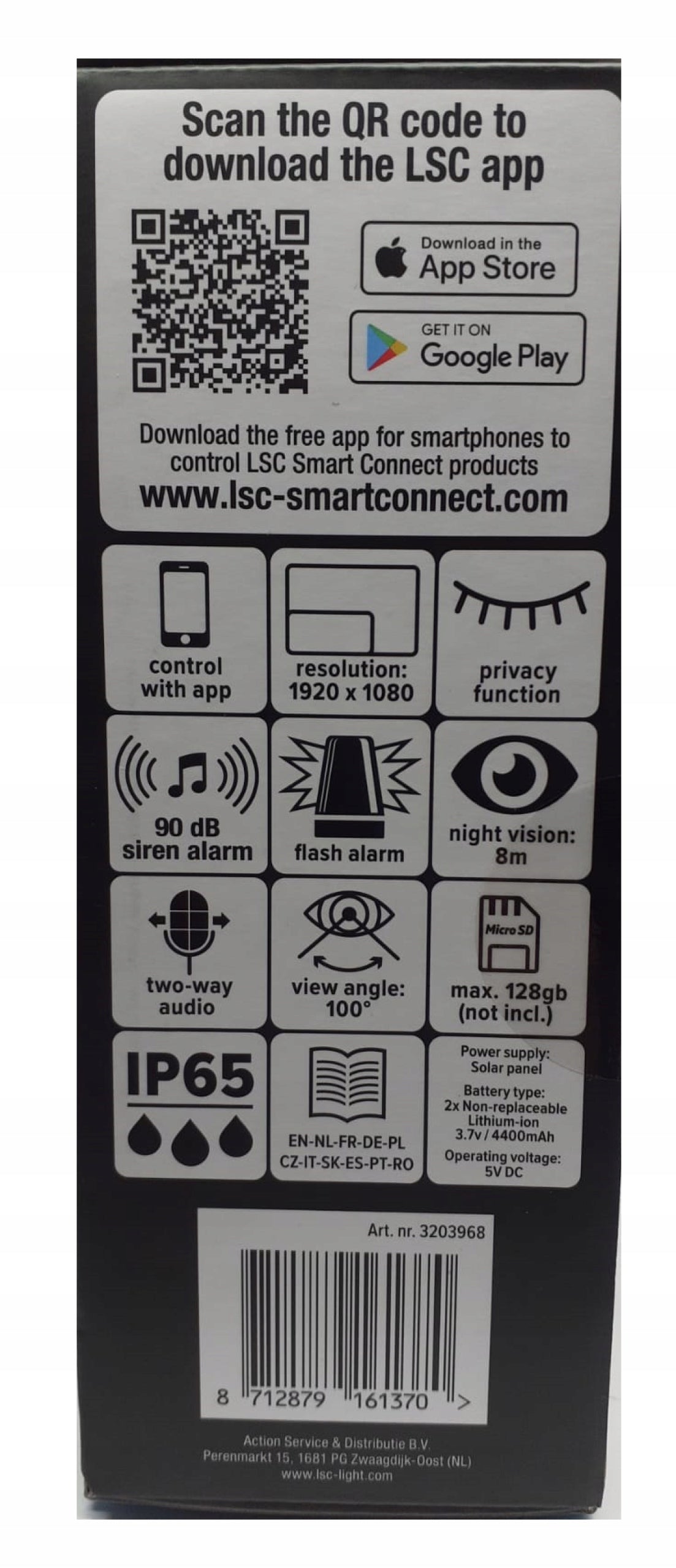 OUTDOOR SOLAR CAMERA RECHARGEABLE WIFI COLOR 1080 SMART LSC ip65 Manufacturer code 3203968 lsc