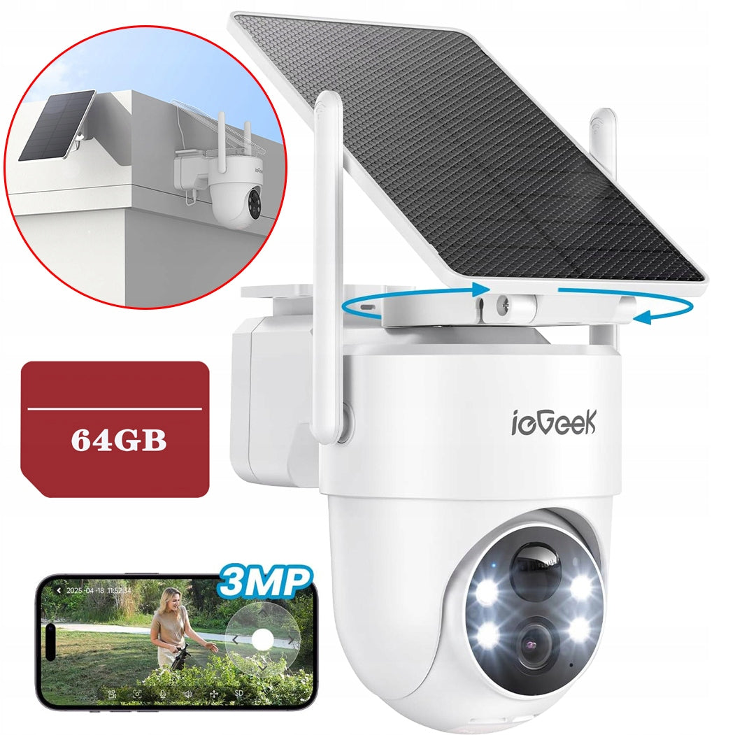 OUTDOOR SOLAR CAMERA ROTATING WIRELESS WIFI 2K 3MPx 2.4GHz 64GB