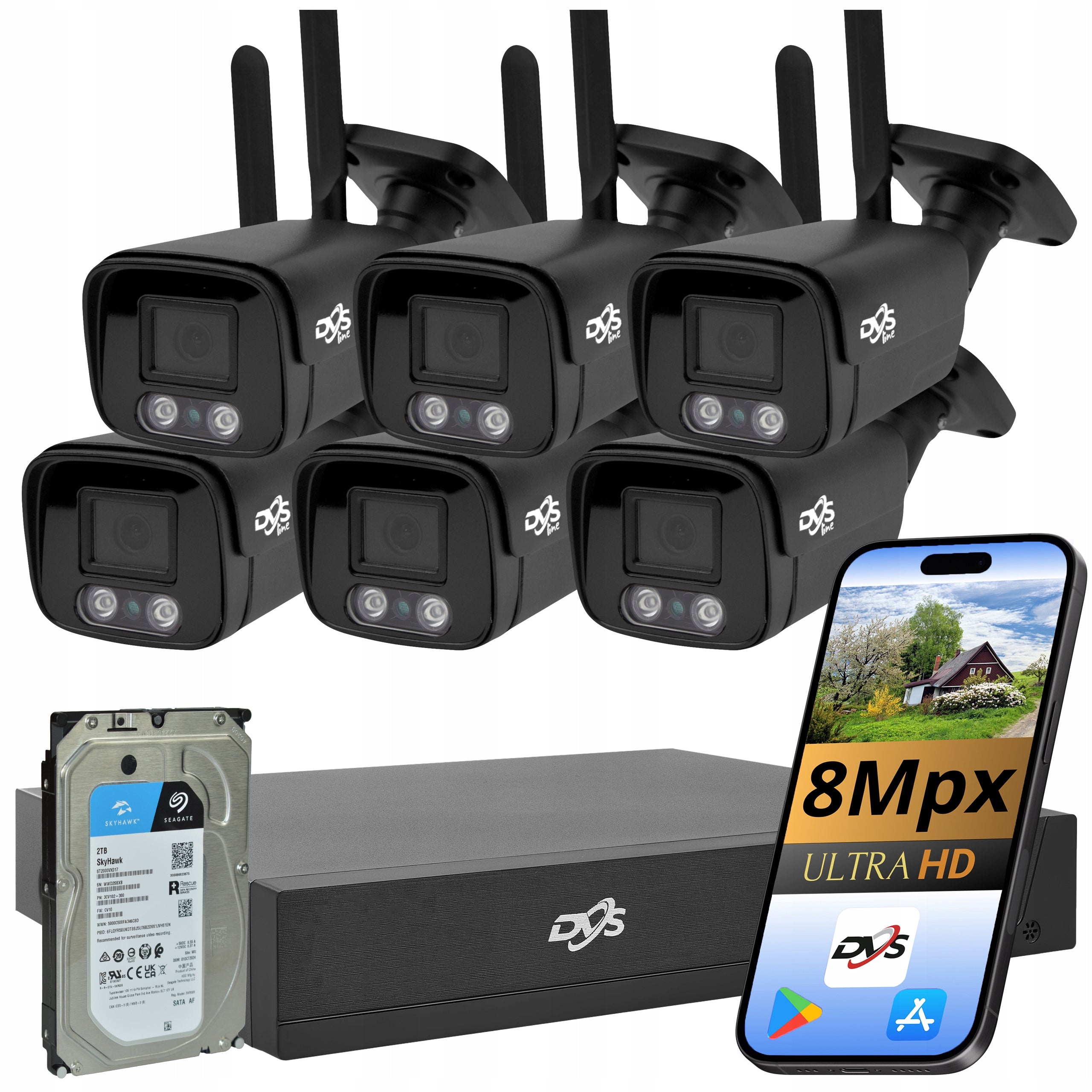 OUTDOOR SURVEILLANCE CAMERA KIT 6x BLACK WIFI CAMERA 4K ULTRAHD 8Mpx