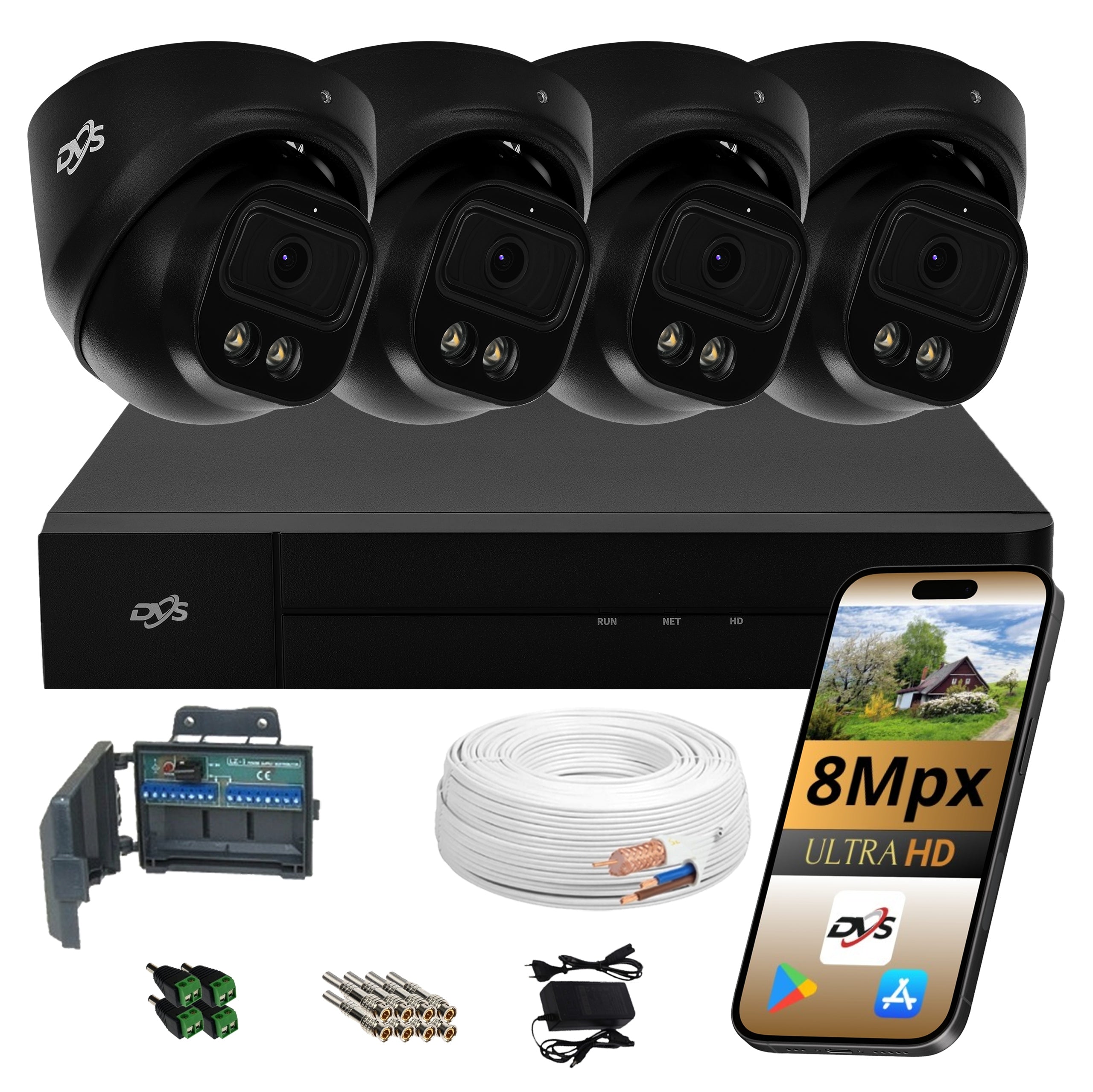 OUTDOOR SURVEILLANCE KIT 4 DOME CAMERAS BLACK 8MPX DUAL LED + IR